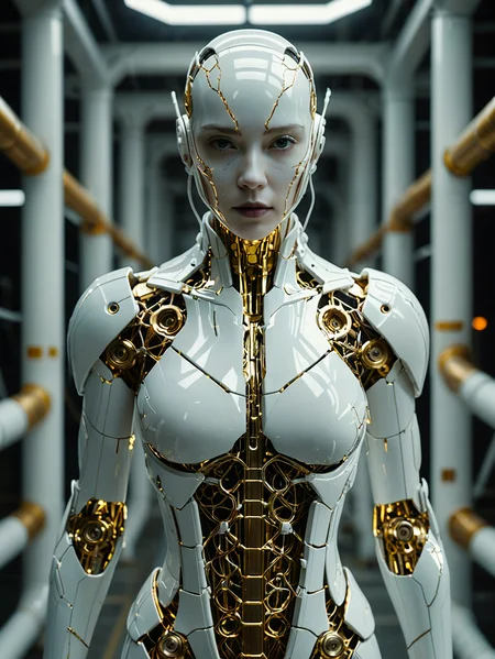 Professional photography. award winning cinematic photo.

A pure white cyborg in the Kintsugi style. Connected to complex pipes. Standing. Looking at viewer.
