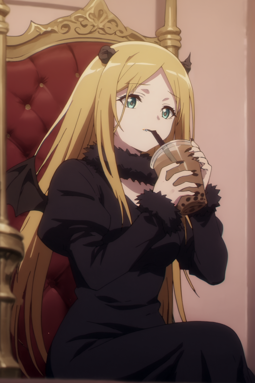 score_9, score_8_up, score_7_up,anime_source, source_anime, best background, detailed background, anime screencap,  Dark Renner, fur collar, fur trim, fangs, cleavage, black dress, long sleeves, solo, bat wings, sitting, drinking, bubble tea, throne, from below, <lora:JN_Dark_Princess_Renner:0.8> <lora:JN_Arknights_Anime_Artstyle:0.8>