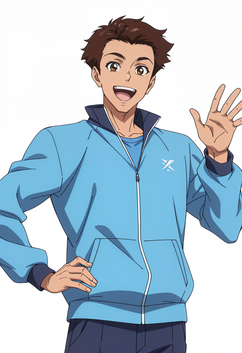 masterpiece, best quality, newest, absurdres, anime screencap, intricate details, good quality, very awa, highres, perfect proportions, perfect eyes, amazing quality, very aesthetic, <lora:Sakaki_Shohei_Love_All_Play.safetensors:1.0>,  1boy, shoh31_sakak1, brown_shoh31_sakak1_eyes, brown_shoh31_sakak1_hair, anime coloring, male focus,  solo, standing, smile, open mouth, looking at viewer, hand on own hip, cowboy shot, waving,    dark-blue track jacket, blue undershirt,   (white background, simple background), shadow, dynamic action, intricate lighting, intricately detailed illustration, depth of field,