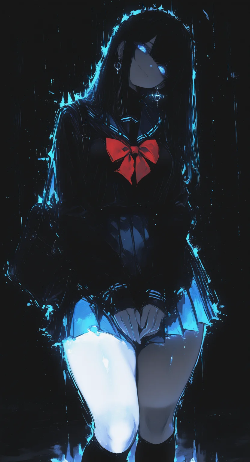 masterpiece, best quality, good quality, newest, highres, absurdres, 1girl, solo, long hair, breasts, looking at viewer, smile, blue eyes, shirt, skirt, black hair, long sleeves, bow, closed mouth, jewelry, standing, school uniform, thighs, earrings, pleated skirt, socks, serafuku, bowtie, sailor collar, bag, red bow, blue skirt, head tilt, kneehighs, thick thighs, black socks, blue sailor collar, hoop earrings, black bag, limited palette, glowing, psychedelic, black theme <lora:illustriousXL_stabilizer_v1.23:0.3> <lora:NOOB_vp1_detailer_by_volnovik_v1:0.3> <lora:ponyv6_noobE11_2_adamW-000017:0.7> <lora:USNR_STYLE_XL_lokr:0.45> <lora:114558v4df2fsdf5:1> <lora:shiej007:0.4> <lora:XXX667:0.95>