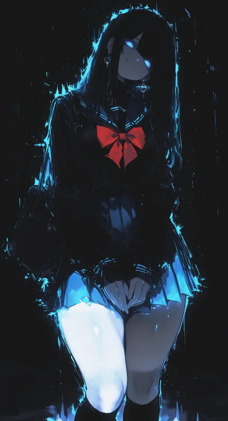 masterpiece, best quality, good quality, newest, highres, absurdres, 1girl, solo, long hair, breasts, looking at viewer, smile, blue eyes, shirt, skirt, black hair, long sleeves, bow, closed mouth, jewelry, standing, school uniform, thighs, earrings, pleated skirt, socks, serafuku, bowtie, sailor collar, bag, red bow, blue skirt, head tilt, kneehighs, thick thighs, black socks, blue sailor collar, hoop earrings, black bag, limited palette, glowing, psychedelic, black theme <lora:illustriousXL_stabilizer_v1.23:0.3> <lora:NOOB_vp1_detailer_by_volnovik_v1:0.3> <lora:ponyv6_noobE11_2_adamW-000017:0.7> <lora:USNR_STYLE_XL_lokr:0.45> <lora:114558v4df2fsdf5:1> <lora:shiej007:0.4> <lora:XXX667:0.95>