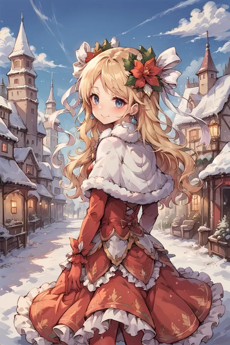 (score_9, score_8_up, score_7_up), source anime, <lora:backgroundsetXL:0.2> , background, exterior, winter, snow, scenery, blue sky, BREAK
<lora:Priscilla:0.75> , prdef, 1girl, blonde hair, blue eyes, long hair, hair ornament, hair ribbon, white hair ribbon, hair flower, earrings, fur-trimmed capelet, capelet, dress, red dress, layered dress, frilled dress, red pantyhose, perfect hands, smile, blush, looking at viewer, (cowboy shot), ((from behind)), looking back, <lora:d4rkpurpXLP:0.5> , d4rkpurp,