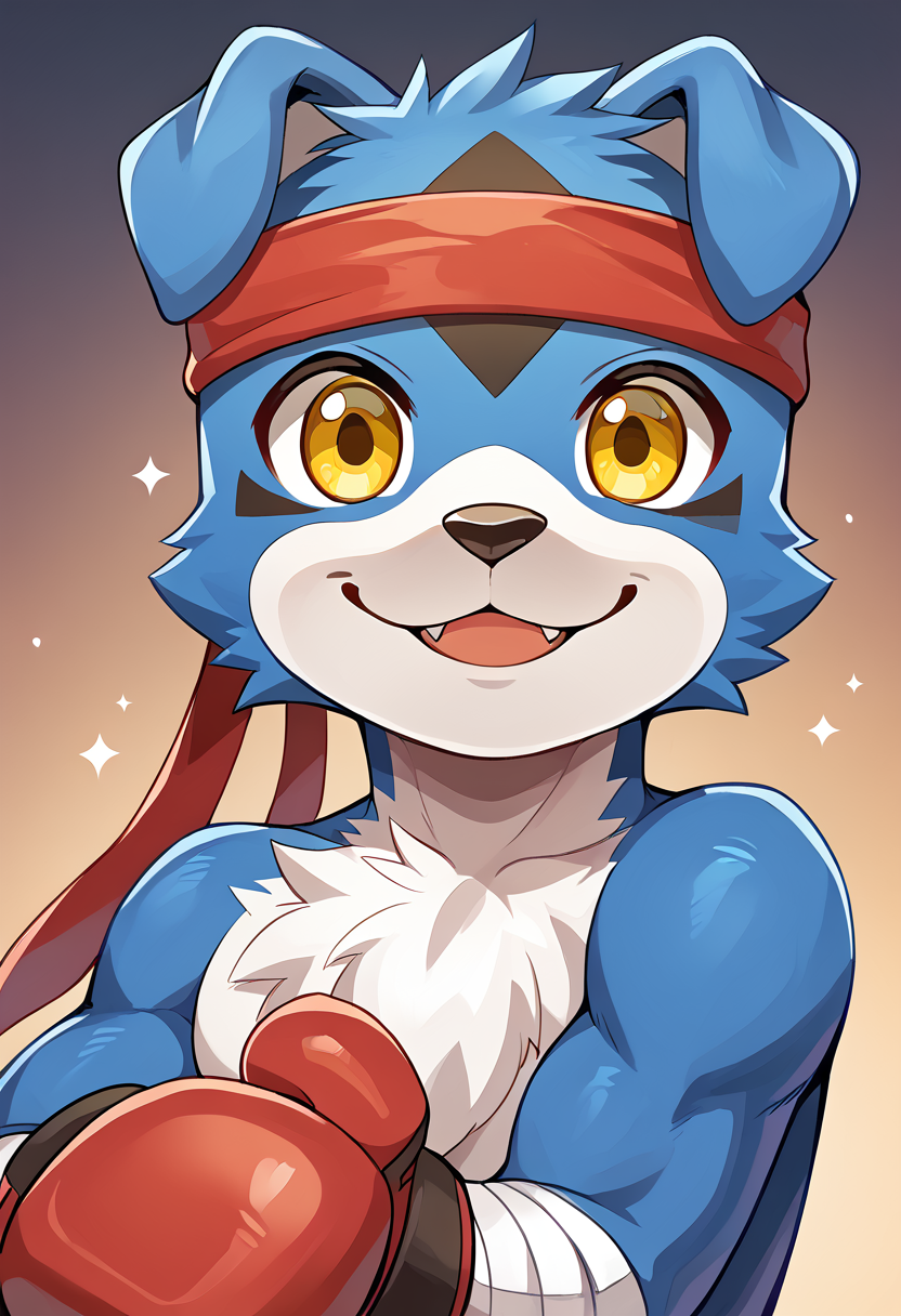 high res, best quality, gaomon_digimon, furry, headband, solo, 1boy, boxing gloves, cute, happy, smiling, yellow eyes, looking at viewer, <lora:Gaomon_Digimon:1>