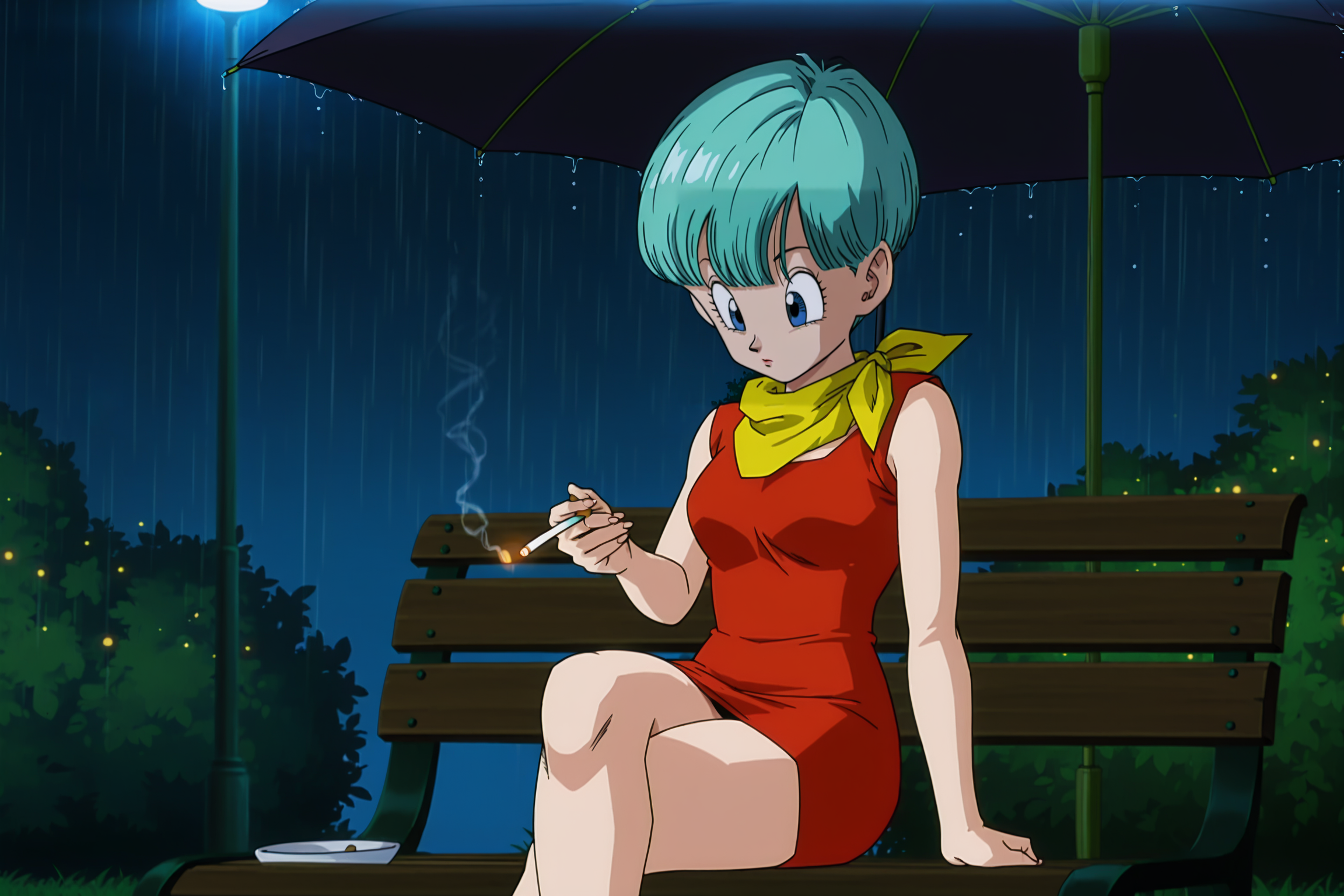 anime screencap, masterpiece, best quality, amazing quality, very aesthetic, absurdres,  newest, (scenery, volumetric lighting), dappled sunlight, light particles, light rays, official style,
bulma, dbz, red buu saga outfit, buu saga, 1girl, solo, short hair, blue eyes, short dress, holding cigarette, sitting, outdoors, sleeveless dress, garden, aqua hair, night, umbrella,  cowboy shot, bare legs, red dress, crossed legs, rain, holding umbrella, bench, lamppost, yellow neckerchief, bowl cut, cigarette, bush, grass, looking down at self, bangs
<lora:Bulma_XIL:0.8>