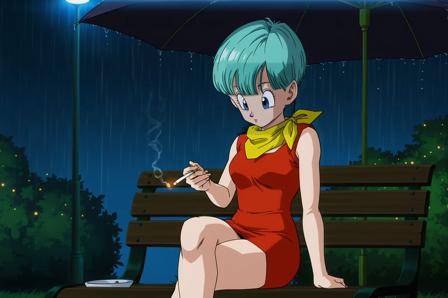 anime screencap, masterpiece, best quality, amazing quality, very aesthetic, absurdres, newest, (scenery, volumetric lighting), dappled sunlight, light particles, light rays, official style,
bulma, dbz, red buu saga outfit, buu saga, 1girl, solo, short hair, blue eyes, short dress, holding cigarette, sitting, outdoors, sleeveless dress, garden, aqua hair, night, umbrella, cowboy shot, bare legs, red dress, crossed legs, rain, holding umbrella, bench, lamppost, yellow neckerchief, bowl cut, cigarette, bush, grass, looking down at self, bangs
<lora:Bulma_XIL:0.8>