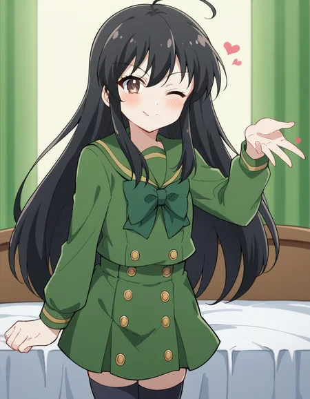 score_9, score_8_up, score_7_up, source_anime, <lora:shakugan-no-shana-s3-ponyxl-lora-nochekaiser:1>, shana, long hair, black hair, brown eyes, ahoge, sidelocks,, school uniform, serafuku, green serafuku, bowtie, green bowtie, green shirt, green sailor collar, long sleeves, green skirt, buttons, thighhighs,, courtroom, judge, witness stand, audience, formality, smile, <lora:blowing-kiss-ponyxl-lora-nochekaiser:1>, blowing kiss, pucked lips, heart, one eye closed, o3o, hand up, bed room, bed, blush, cowboy shot, dutch angle,, looking at viewer, solo,, dutch angle, cowboy shot