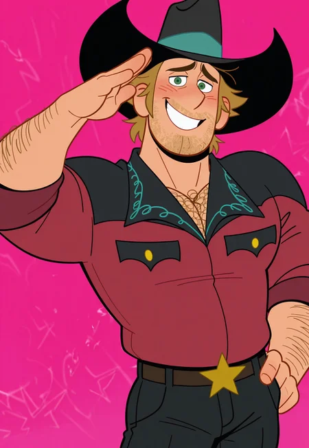 masterpiece, best quality, amazing quality, detailed background, intricate details, dynamic, cinematic, animated, anime realistic shading, solo, male focus, source_anime,high resolution, newest, depth of field, bara, yaoi, perfect face, 1boy, k3nny, blond hair, green eyes, stubble, chest hair, black and blue cowboy hat, red and black jacket, star buckle belt, black pants, cowboy boots, muscular male, looking at viewer, smile, shy, saluting, upper boddy, pink background, abstract background, dutch angle