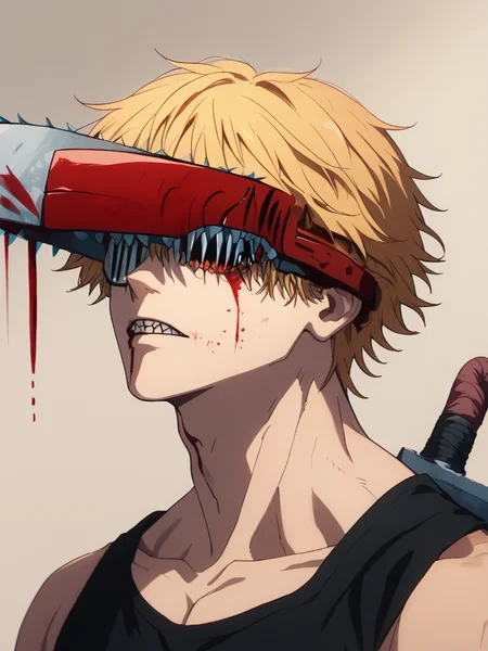 score_9, score_8_up, score_7_up, volumetric lighting, , a man with blonde hair and a black shirt, solo, short hair, blonde hair, simple background, 1boy, male focus, blood, dark, chainsaw, <lora:chainsawman_pony_v1-1_mx:0.9>