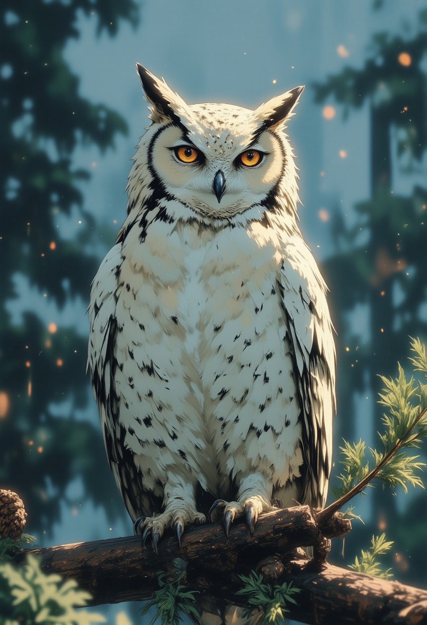 detailed white owl perched on a branch. The owl has soft, snow-white feathers with light brown and beige accents, especially around its face and wings. Its round, golden-yellow eyes stand out, giving it a wise and observant expression. The background is blurred, suggesting a wintry forest scene with a gentle snowfall, creating a calm and serene atmosphere. The owl's feathers appear fluffy, and it sits peacefully on a branch adorned with pine needles and cones