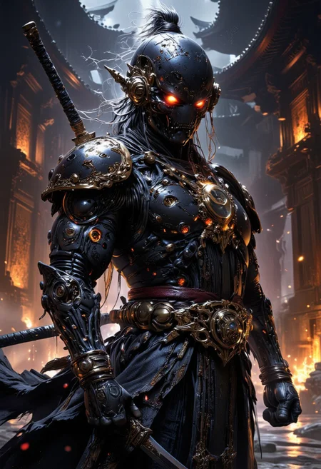 Close-up portrait of a futuristic cybernetic samurai warrior in a dynamic battle stance, fists clenched with a glowing translucent black katana in hand. The figure merges the essence of a Bedouin sorcerer and an Elysium-style robot, with cybernetic details on the skin and armor. The warrior stands in front of a futuristic Japanese shrine, surrounded by swirling ethereal smoke. The backdrop features a rich, dark atmosphere with a mix of amber and neon highlights. The scene has a cinematic, moody feel with dramatic lighting that accentuates the highly detailed textures of the cyborg's metal, skin pores, and imperfections. A vintage 2000s film look, with film grain, shallow depth of field, and color-graded tones. The image feels like a high-budget film still, full of action and tension, capturing the raw energy of the moment with stunning realism and epic intensity.