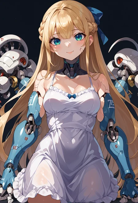 score_9, score_7_up, source_anime, BREAK <lora:yunimaru_style:1> yunimaru, science fiction, cyborg, mechanical parts, mechanical arms, joints, very long hair, light smile,, <lora:mxmarina:1> mxmarina, french braid, half updo, Hair ribbon, spaghetti strap, sleeveless dress,