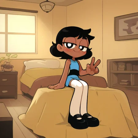 score_9, score_8_up, score_7_up, score_6_up, score_5_up, score_4_up, BREAK, source_anime, connie_maheswaran, indoors, black hair, small breasts, black footwear, white thighhighs, smile, smug, blush, blue top, sleeveless, blue miniskirt, peace sign, pantsless, powerpuff, dark-skinned female, 1girl, sitting, indoors, living room, on bed,