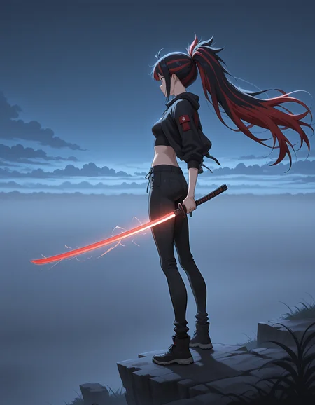 1girl, holding glowing katana, jacket, midriff, black pants, standing, dynamic pose, side view, red hair, multicolor hair, striped hair, ponytail, wind, very long hair, <lora:standing_on_the_edge_epoch_9(1):0.8> 5t4nd1ng_0n_3dg3, fog, clouds,