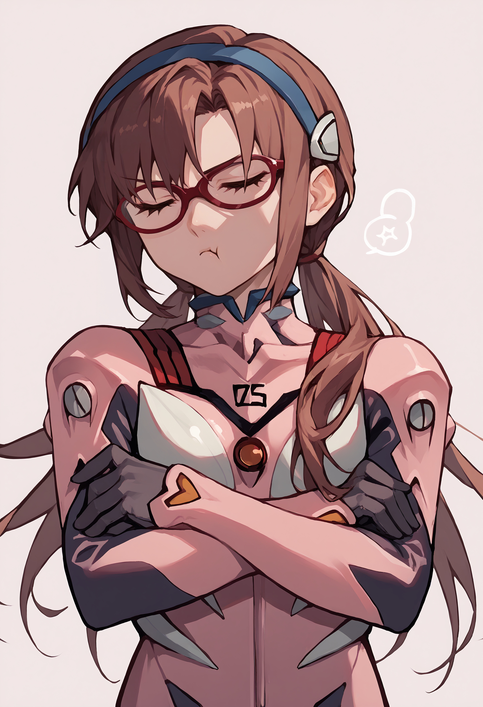 score_9, score_8_up, score_7_up, score_6_up, source_anime, upper body, 1girl, pout, :t, closed mouth, <lora:Pout_XLPD:1.2>, <lora:Degen_Mari_Pink_v4:1>  mari-pink, red-framed eyewear, hairband, pink plugsuit, brown hair, closed eyes, crossed arms,