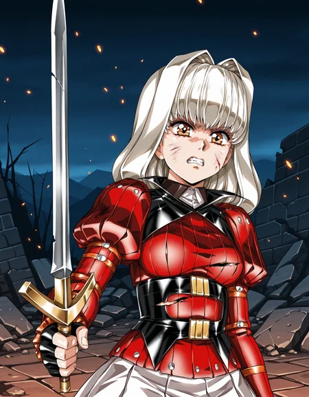 <lora:charlone-claudius-v2-illustrious-000045:1> charlone claudius, juliet sleeves, red shirt, chest harness, miniskirt, fingerless gloves
1girl, solo, holding sword, determined, clenched teeth, grimace, battle damage, medieval, rubble, embers, night, outdoors, upper body