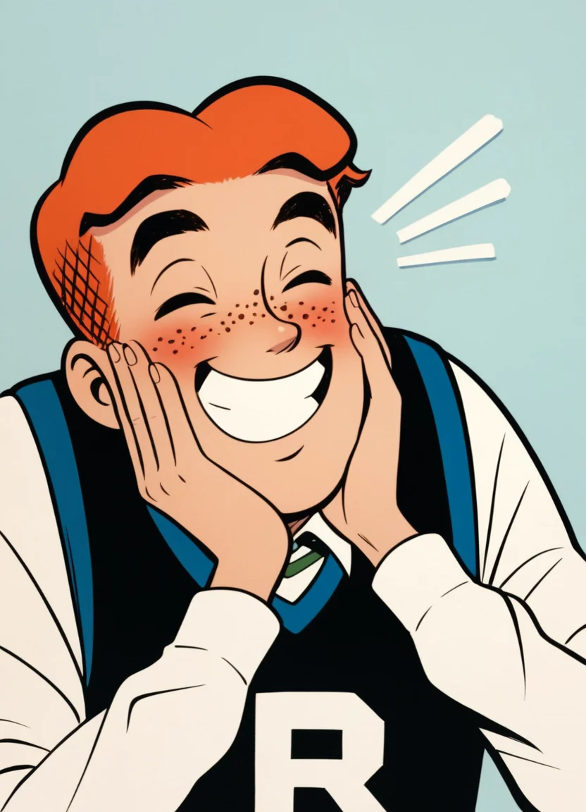 score_9, score_8_up, score_7_up, score_6_up, score_5_up, score_4_up, source_anime, archie andrews, 1boy, solo, orange hair, short hair, freckles, smile, closed eyes, happy, blush, hands on own face, close-up, black sweater vest, long sleeves, white sleeves, "R"
