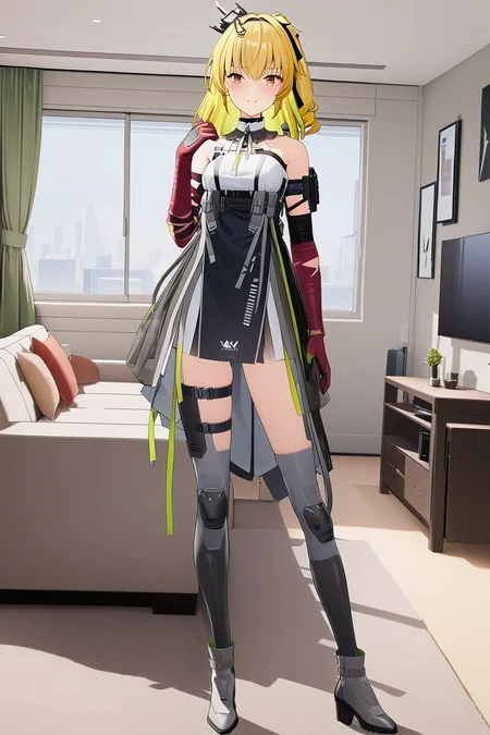 (best quality), ((masterpiece)), (highres),(extremely detailed CG unity 8k wallpaper), 1girl solo with cute face, fenny, fenny coronet, whole body, standing in living room, blonde hair <lora:fennyV2:0.9>
