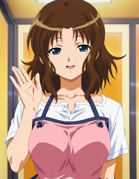 aoi_kashima,solo,1girl,looking at viewer,hand up,open mouth,long apron,shirt,smile,upper body,masterpiece,best quality,amazing quality <lora:aoi_kashima-ILXL:0.9>, anime screencap,