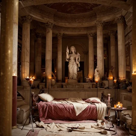 (masterpiece:1.2), (best quality,:1.2), 8k, HDR, ultra detailed, ((photorealistic)), professional light, cinematic lighting, fashion photography, ambient lighting, face lighting, <lora:detail_slider_v4:1>, Fantasy picture, OverallDetail, ancient roman room with a statue and candles in it and a bed in the middle of the room with a blue blanket on it and a blue blanket on the floor, RomInt, <lora:RomanInterior-10:1>, epiCPhoto
