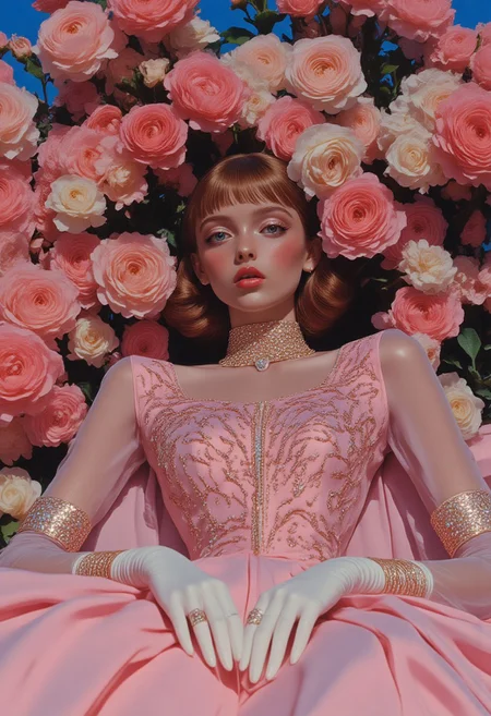 masterpiece, best quality, hyper-realistic digital oil painting with fine detail layering, 8k ultra-HD, rich textural complexity
1adult woman, seated calm, front-facing close-up, surreal avant-garde setting, medieval-inspired taffeta gown, light warm skin, delicate features, serene expression,
soft diffused spotlight, gentle rose temperature, ambient blush pink glow,
soft blush pink taffeta gown, embroidered with rose quartz and pearl floral motifs, translucent lace sleeves, rhinestones arranged in delicate vine trails,
pearl choker necklace, rose gold rings, sheer fingerless gloves,
medium-length straight auburn hair, silky texture, softly framing face,
subtle makeup with rose eyeshadow, glossy pink lips, calm gentle gaze,
no equipment,
surreal background of oversized blooming roses and peonies in soft pink and white hues, enveloping figure, layered depth,
soft floral sway, shimmering light effects,
medium contrast fusion of hyper-realistic portraiture with surreal botanical fantasy, avant-garde medieval romance, tender tranquility,
