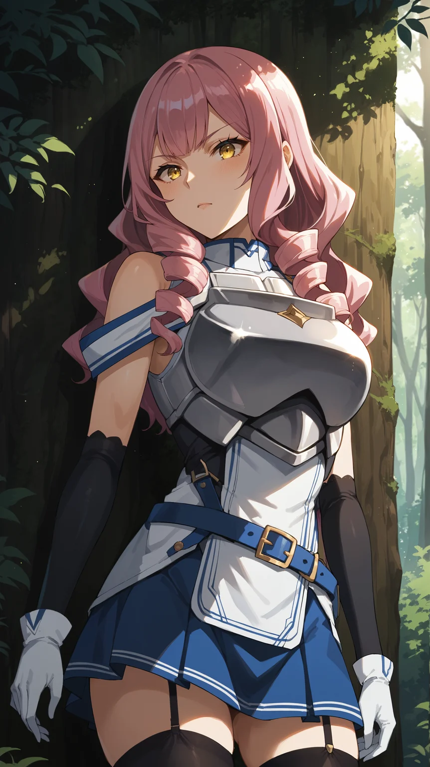 score_9,score_8_up,score_7_up,score_6_up, <lora:xl_more_art-full_v1:0.5>, source_anime, girl, dynamic pose, leaning back against a wall, <lora:Memil Vlerick - Pony-000004:0.8>, long hair, pink hair, drill hair, yellow eyes, white shirt, blue shirt, multicolored shirt, steel breastplate, blue miniskirt, blue skirt, white gloves, black elbow gloves, garter straps, bare shoulders, white belt, blue belt, black thighhighs, forest, light rays, deep forest,