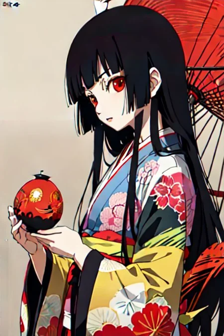enma ai, hair down, hair black, bangs, eyes red, masterpiece, best quality, ultra-detailed, illustration, 1girl, solo, highres, photorealistic, ultra high res, (Original illustration composition), (fusion of limited color,Maximalism artstyle, kimono fashion, double exposure, background, illustration, Amazing, lily spider, night darkness, fire hell