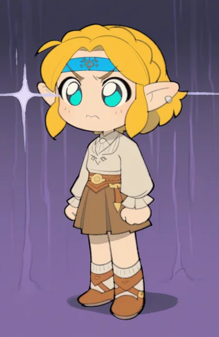 1girl, solo, <lora:TemmieChang:1> tmchng, standing, clenched fists at sides, piercing glare, stormy expression, heated mood,
<lora:Zelda-IL-v2:0.5>, ChopioZelda, blonde hair, aqua eyes, pointy ears, short hair, crown braid, sidelocks, retro style, collared blouse, pleated skirt, overknee socks, saddle shoes, bow headband, chibi, temloaf,, extremely detailed, highres, masterpiece, best quality
