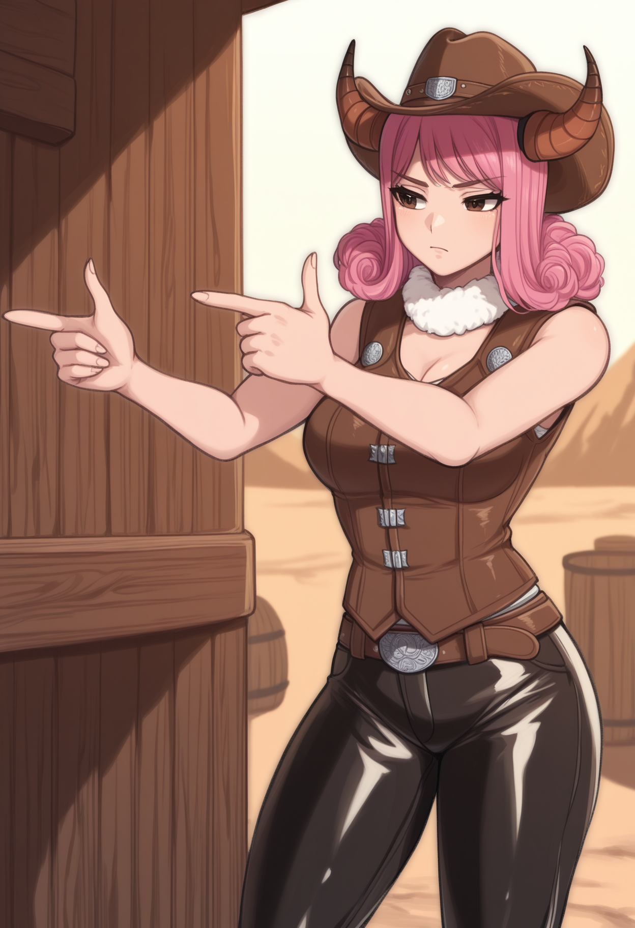 masterpiece, best quality,  <lora:NSAriesFairyTail:1> NSAriesFaiTai, brown eyes, horns, pink hair, medium hair, hair curls, fur collar, white collar, cowboy hat, black vest, black pants, leather pants, finger guns, wild west, outdoors