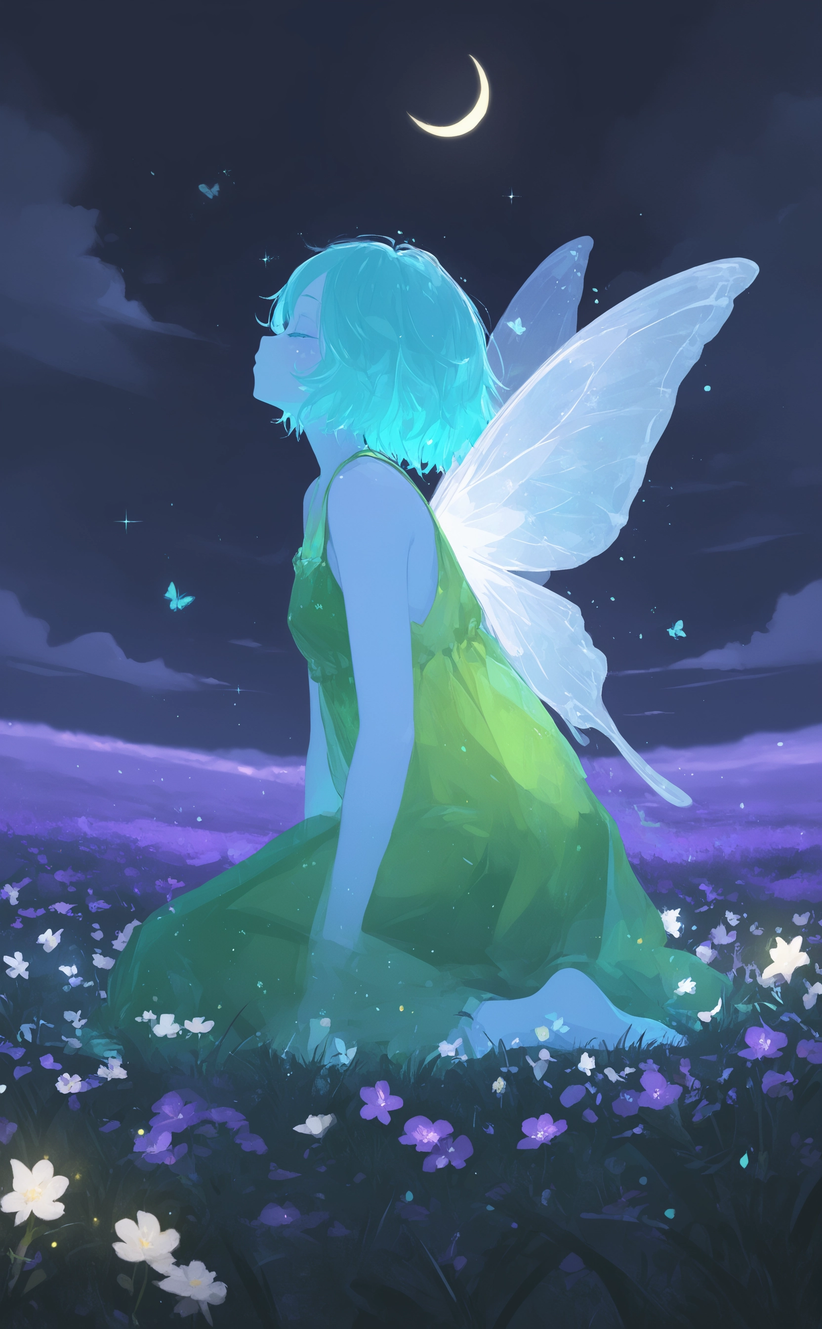 masterpiece, best quality, amazing quality, 1girl, solo, short hair, dress, sitting, blue hair, full body, closed eyes, flower, outdoors, wings, sky, sleeveless, barefoot, cloud, from side, sleeveless dress, sparkle, profile, kneeling, aqua hair, colored skin, night, moon, white flower, grass, green dress, yellow flower, purple flower, blue skin, fairy wings, fairy, crescent moon, insect wings, butterfly wings，Light Particles, ArsMJStyle, Delicate Whimsy，h4ra_illu <lora:noobai_ep11_stabilizer_v0.138_fp16:0.3> <lora:NOOB_vp1_detailer_by_volnovik_v1:0.3> <lora:96YOTTEA-WAI:0.6> <lora:XXX667:0.5> <lora:hara_id_21:0.7>