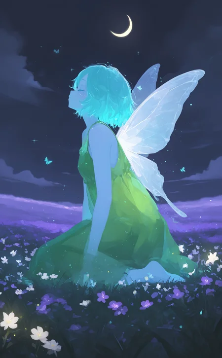 masterpiece, best quality, amazing quality, 1girl, solo, short hair, dress, sitting, blue hair, full body, closed eyes, flower, outdoors, wings, sky, sleeveless, barefoot, cloud, from side, sleeveless dress, sparkle, profile, kneeling, aqua hair, colored skin, night, moon, white flower, grass, green dress, yellow flower, purple flower, blue skin, fairy wings, fairy, crescent moon, insect wings, butterfly wings,Light Particles, ArsMJStyle, Delicate Whimsy,h4ra_illu <lora:noobai_ep11_stabilizer_v0.138_fp16:0.3> <lora:NOOB_vp1_detailer_by_volnovik_v1:0.3> <lora:96YOTTEA-WAI:0.6> <lora:XXX667:0.5> <lora:hara_id_21:0.7>