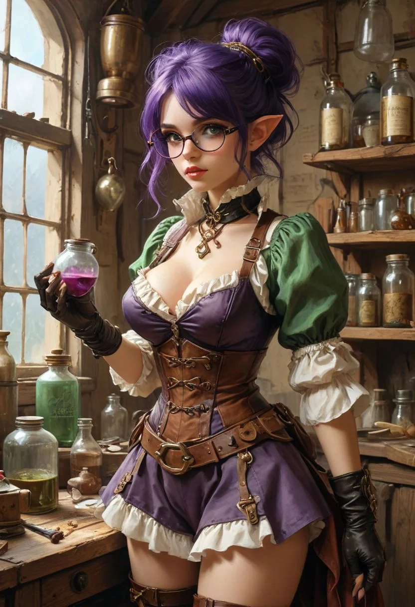 A purple haired Halfling tinker-alchemist preparing potions and gadgets, alchemypunk and clockwork punk motif, style of Karol Bak, Adam Hughes, Boris Vallejo, Julie Bell, Norman Rockwell,
{
1woman,
25 year old,
Vanellope
(Pointy Ears:1.3),
Purple hair,
(Green eyes,:1.3)
Makeup,
Big Round Eyes,
Fake Eyelashes,
fleshy big lips,
}
(Shortstack:1.2)
side ponytail, Steampunk goggles, goggles on head,
(Alchemy and Tinker shop, blueprints on walls, tools, potions, bottles, workbench, wooden walls, wood furniture, schematics on wall, blueprints on wall, Interior:1.1)
(Cleavage:1.2), puffy sleeves, puffy skirt, Shirt, brown corset, panty shot, leather belt, Brown Backpack, too many pouches, massive boots, massive gloves