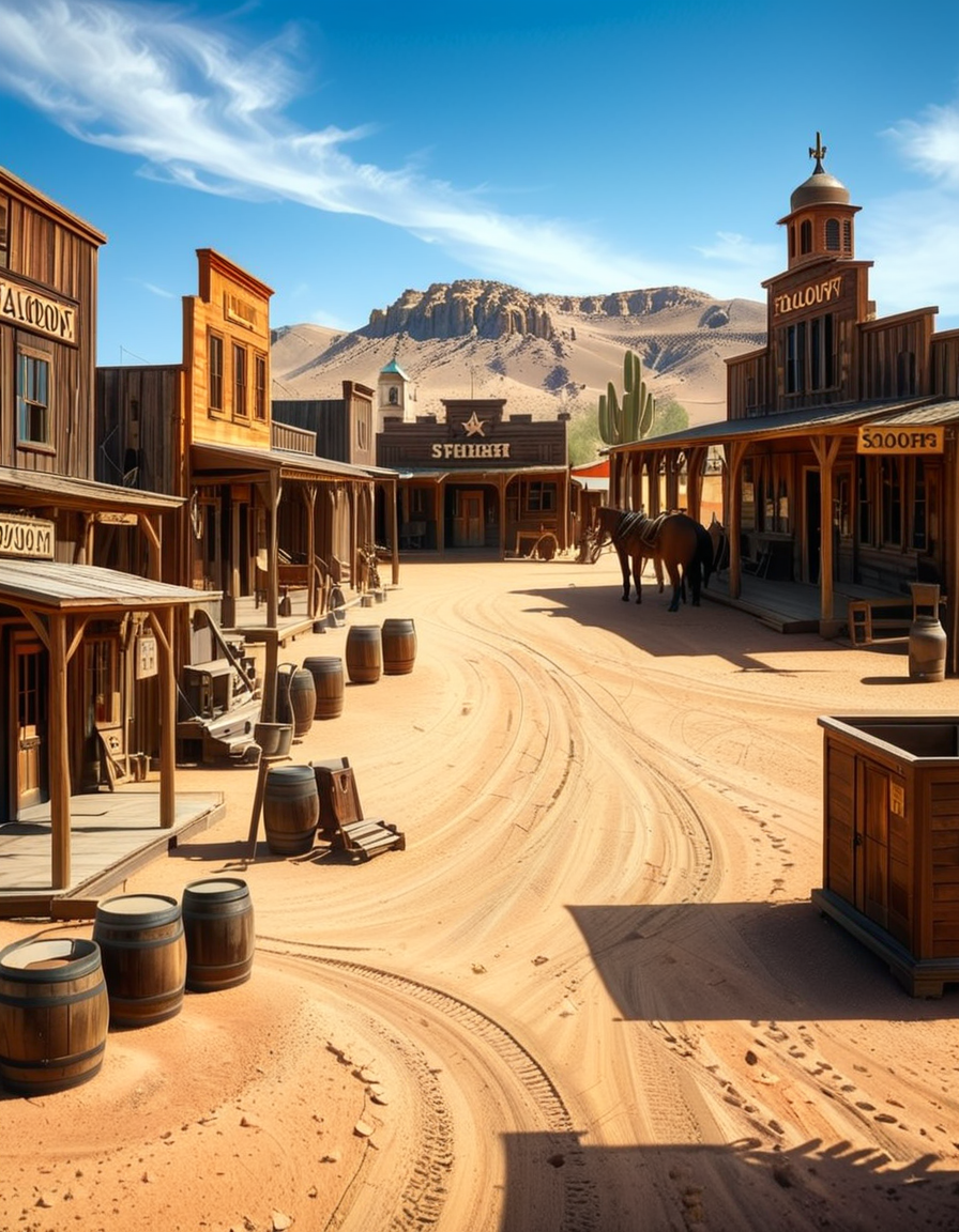 A classic Wild West town in the late 1800s, surrounded by arid desert and towering rock formations. The dusty main street is lined with wooden buildings, including a saloon with swinging doors, a sheriffâs office with a star emblem, a general store with a wooden sign, and a blacksmithâs shop with tools hanging outside. Old-fashioned wooden wagons are parked along the street, and a few horses are tied to hitching posts. The atmosphere is lively, with cowboys wearing wide-brimmed hats, boots, and leather dusters walking around, some talking near the saloon while others ride horses. The sky is bright blue with a few wispy clouds, and the sunlight casts long shadows on the ground. In the background, a water tower stands tall, and a windmill slowly turns in the breeze. The scene is full of rustic details, evoking the adventurous spirit of the American frontier.<lora:SDXLFaeTastic2400:0.4> <lora:extremely_detailed:0.4> extremely detailed, <lora:Western_v1ll4g3:1>,Western v1ll4g3, Masterpiece,best quality,hi res,8k,hi res,8k,award winning,(sharp focus, intricate, highly detailed),