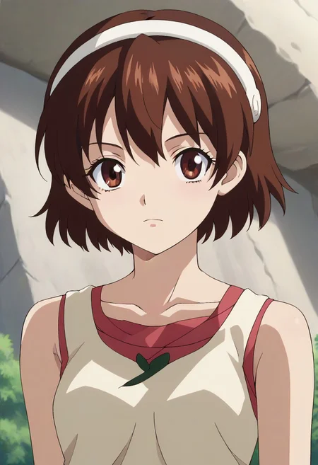 <lora:SlimesYuzuriha:1>, slimes_yuzuriha, woman, solo,short hair,brown hair,brown eyes,