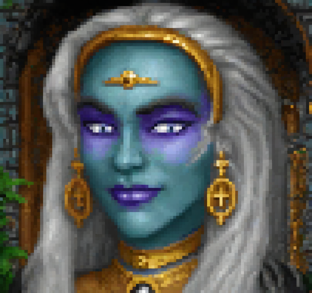 cinematic still Original HoMM2 style portrait of a cute drow dark elf witch with blue skin, subtle smirk, and long, flowing silver hair. She has pointed ears with golden piercing. She has striking purple eyes with strong dark silver makeup looking at the viewer. Her face is adorned with golden dots around the eyebrows and a small cross on her forehead. She is wearing a brown hood with golden lining. She also wears large, round golden earrings with a sun symbol in Mesoamerican style and golden Mesoamerican collar necklace. The background includes a dark purple overgrown dungeon made of stone bricks with archway with hints of green foliage, a small skull on the right side, and an iron bars gate covered with thick cobwebs on either side of her . emotional, harmonious, vignette, 4k epic detailed, shot on kodak, 35mm photo, sharp focus, high budget, cinemascope, moody, epic, gorgeous, film grain, grainy, Original HoMM2 style portrait of a cute drow dark elf witch with blue skin, subtle smirk, and long, flowing silver hair. She has pointed ears with golden piercing. She has striking purple eyes with strong dark silver makeup looking at the viewer. Her face is adorned with golden dots around the eyebrows and a small cross on her forehead. She is wearing a brown hood with golden lining. She also wears large, round golden earrings with a sun symbol in Mesoamerican style and golden Mesoamerican collar necklace. The background includes a dark purple overgrown dungeon made of stone bricks with archway with hints of green foliage, a small skull on the right side, and an iron bars gate covered with thick cobwebs on either side of her, deep focus, highly detailed, colorful, dynamic composition, dramatic bright colors, cinematic, elegant, intricate, sharp, surreal, mystical, scenic, illuminated, rich, professional, extremely detail, very, stunning, complimentary color, winning perfect, artistic, beautiful, innocent, creative, positive, pure, romantic, vibrant, inspired, glowing, rational
