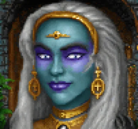 cinematic still Original HoMM2 style portrait of a cute drow dark elf witch with blue skin, subtle smirk, and long, flowing silver hair. She has pointed ears with golden piercing. She has striking purple eyes with strong dark silver makeup looking at the viewer. Her face is adorned with golden dots around the eyebrows and a small cross on her forehead. She is wearing a brown hood with golden lining. She also wears large, round golden earrings with a sun symbol in Mesoamerican style and golden Mesoamerican collar necklace. The background includes a dark purple overgrown dungeon made of stone bricks with archway with hints of green foliage, a small skull on the right side, and an iron bars gate covered with thick cobwebs on either side of her . emotional, harmonious, vignette, 4k epic detailed, shot on kodak, 35mm photo, sharp focus, high budget, cinemascope, moody, epic, gorgeous, film grain, grainy, Original HoMM2 style portrait of a cute drow dark elf witch with blue skin, subtle smirk, and long, flowing silver hair. She has pointed ears with golden piercing. She has striking purple eyes with strong dark silver makeup looking at the viewer. Her face is adorned with golden dots around the eyebrows and a small cross on her forehead. She is wearing a brown hood with golden lining. She also wears large, round golden earrings with a sun symbol in Mesoamerican style and golden Mesoamerican collar necklace. The background includes a dark purple overgrown dungeon made of stone bricks with archway with hints of green foliage, a small skull on the right side, and an iron bars gate covered with thick cobwebs on either side of her, deep focus, highly detailed, colorful, dynamic composition, dramatic bright colors, cinematic, elegant, intricate, sharp, surreal, mystical, scenic, illuminated, rich, professional, extremely detail, very, stunning, complimentary color, winning perfect, artistic, beautiful, innocent, creative, positive, pure, romantic, vibrant, inspired, glowing, rational