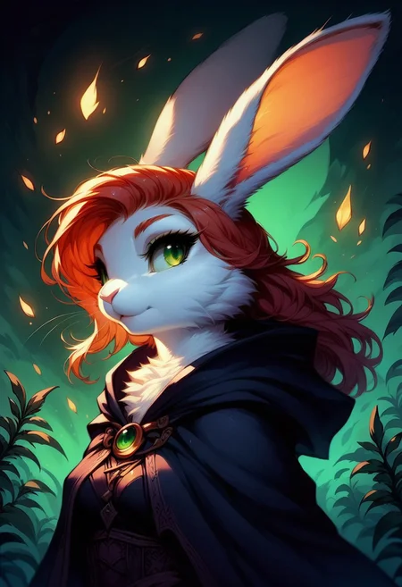 score_9, score_8_up, score_8,
rabbit girl,furry,redhead,green eyes,white rabbit ear,solo,add detailed eyes,clothing,witch,
rabbitfolk,