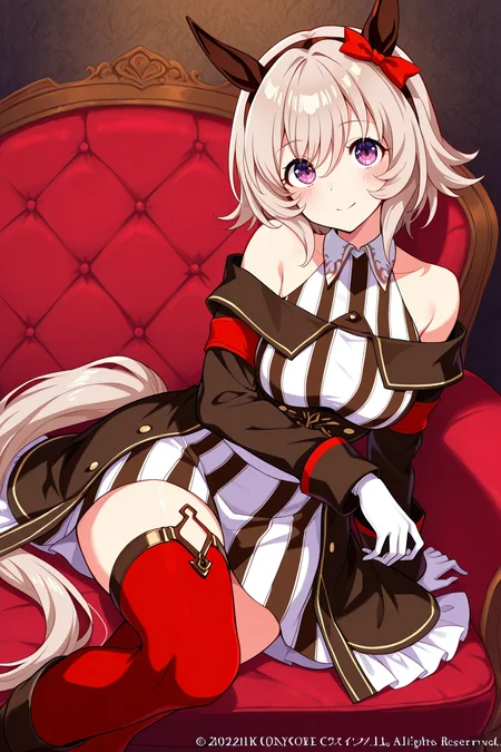 masterpiece,best quality,very aesthetic,absurdres,highres,newest,official art,official style,
1girl,solo,
crc race, curren chan (umamusume),
animal ears, bare shoulders, black coat, coat, gloves,
highres, horse ears, horse girl, horse tail, long sleeves,
off-shoulder coat, off shoulder, red legwear, short hair,
tail, white gloves, blush, ear covers, grey hair, hair between eyes,
red thighhighs, striped, thighhighs, violet eyes, black dress, boots, dress,
thigh-highs, ear ribbon, red ribbon, ribbon, white hair, black hairband,
bow, ear bow, hairband, red bow, off-shoulder dress, purple eyes,
striped clothes, striped dress, white dress, bangs, black jacket,
eyebrows visible through hair, jacket, vertical-striped dress, vertical stripes,
silver hair, collared dress, off-shoulder jacket, sleeveless, sleeveless dress,
eye_focus,<lora:eye_focus:1>,
<lora:umamusume_curren_chan_ill_v1.0:1>,