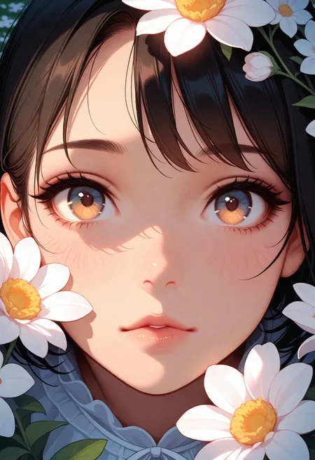 masterpiece, best quality, amazing quality, very aesthetic, flat colors, (artist:rain_rkgk:1), (artist:Tsuaii:1),
1girl, close up portrait, eye focus, looking at viewer, from above,
Bright lighting, flower field