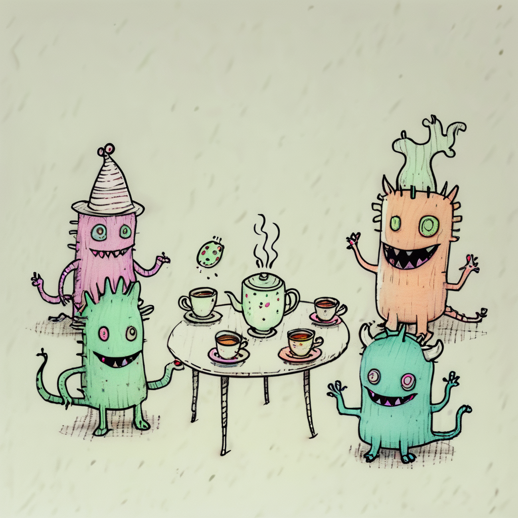 Playful doodle monsters having a tea party, mismatched teacups, wonky table, silly hats, simple character designs, minimal shading, vibrant colors, white background ArsWorld, Doodle, <lora:ArsMorph_-_World_of_Doodle:1>