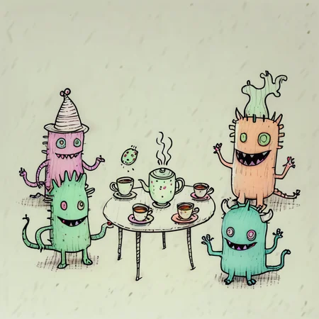 Playful doodle monsters having a tea party, mismatched teacups, wonky table, silly hats, simple character designs, minimal shading, vibrant colors, white background ArsWorld, Doodle, <lora:ArsMorph_-_World_of_Doodle:1>