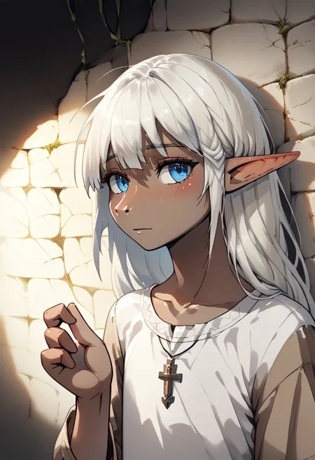 Lapanya, 1 person, solo, pointy ears, androgynous body, ((snout nose)):1.5, lean stature, medium tan skin, white hair, long hair, hip-length hair, blue eyes, white tunic, brown robe, small nostrils, 3 fingers 1 thumb,
coverfaceOUTeye, close up, head focus,
Medieval style,
Style: advntr, 4byss,
((cavern background, wall hangings, organic chamber, soft light, luminous moss)), detailed background, clean lines, highly detailed, high quality, ((semi-realistic)), best quality, rating: g
score_9, score_8_up