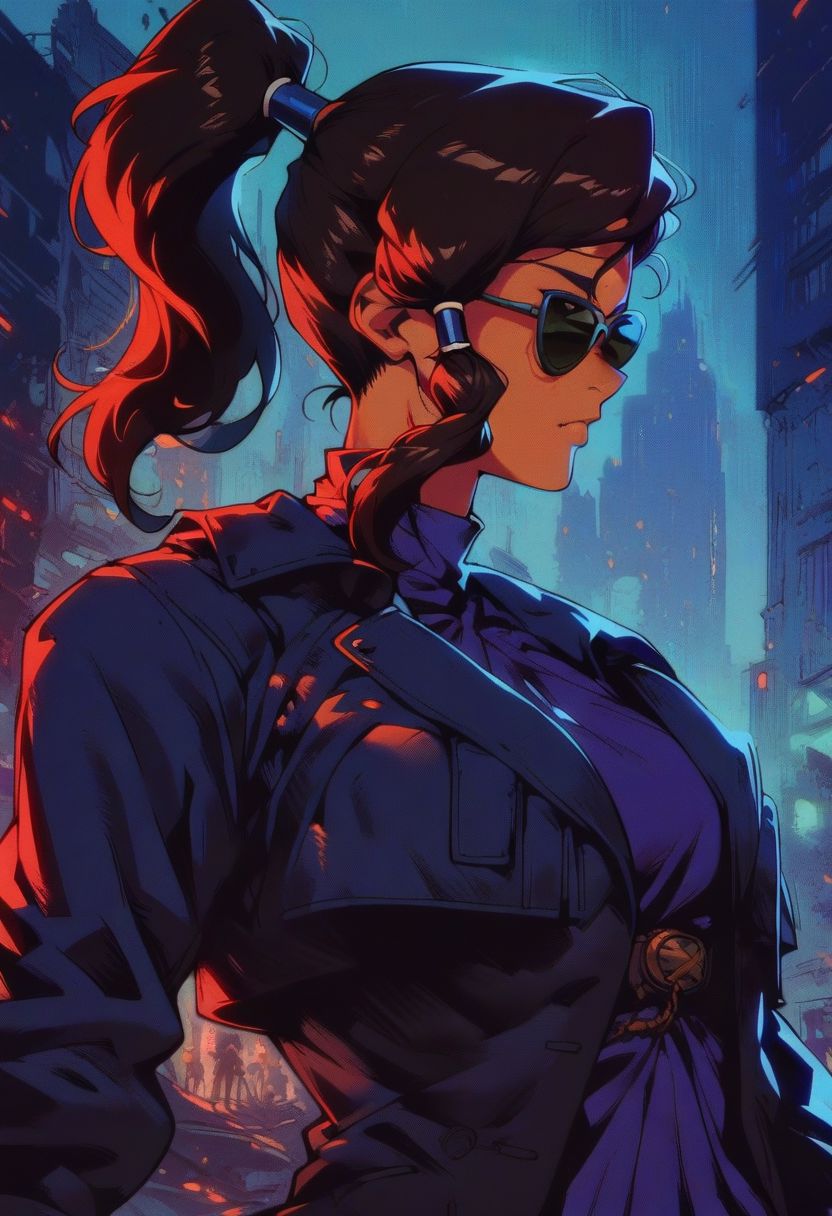 score_9,score_8_up,score_7_up,score_6_up, 2d, source anime,
ninawxl, korra, dark skin, brown hair, sunglasses, ponytail,
purple dress, cropped black jacket,  pelvic curtain,
standing, front view, (upper body:1.3),  
night, cityscape,