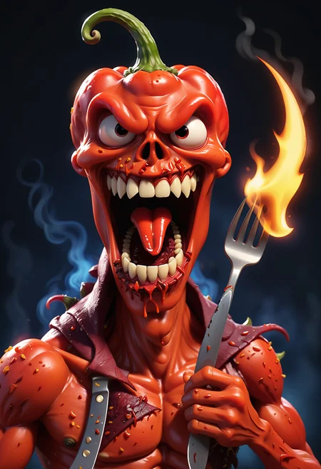 Disney pixar animation of the hottest red pepper in the world with a face mode of ral-drp, California Reaper, on fire, ready to kill you, gnash teeth, dripping sliva, holding fork and knife, looking very badass, (anthropomorphism:1.2), <lora:WildcardX-XL-Detail-Enhancer:0.7>