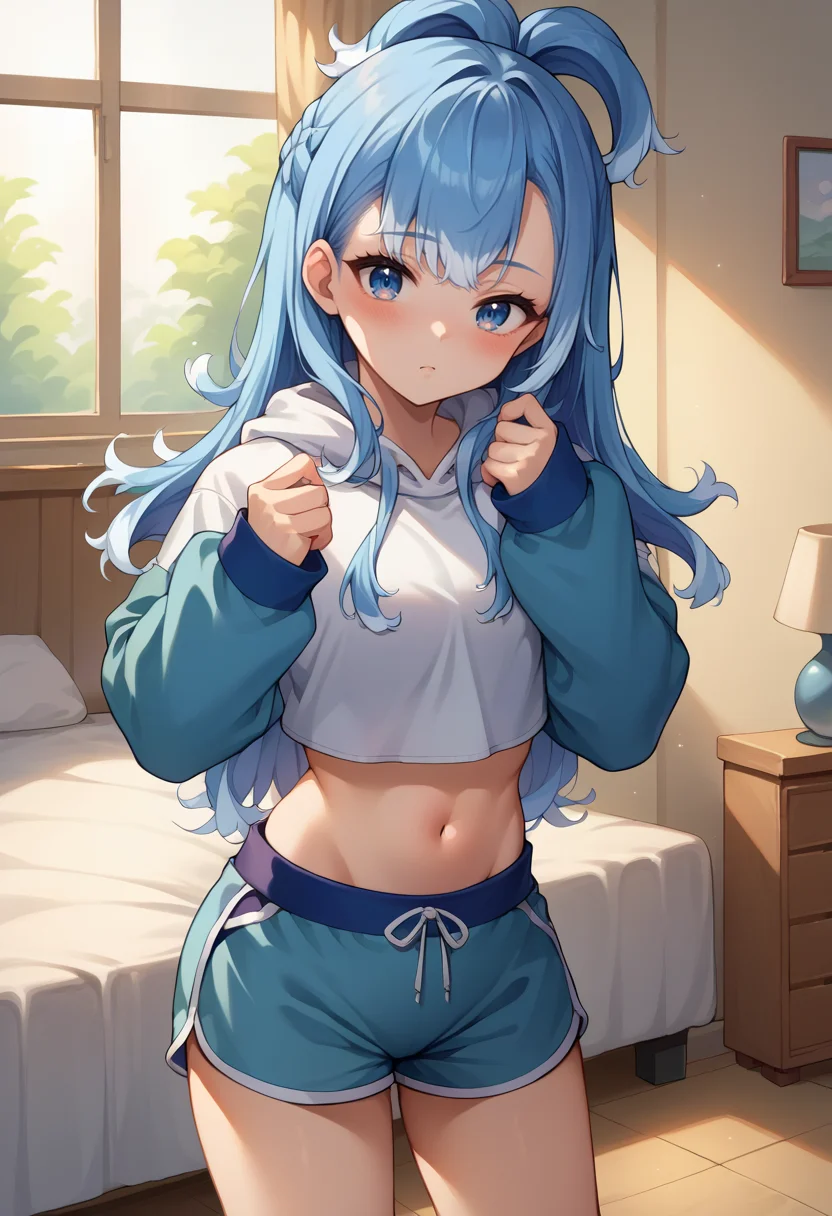 score_9, score_8_up, source_anime, 1girl, solo, KoboKanaeru, blue eyes, long hair, blue hair, colored tips, crop top overhang, hoodie, long sleeves, midriff, dolphin shorts, indoors, bedroom, blush, <lora:Char-KoboKanaeruPonyXL:1>