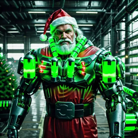 raw photo,cinematic shot,realistic,cybermutant robot santa claus with glowing red and green tubes in an industrial facility