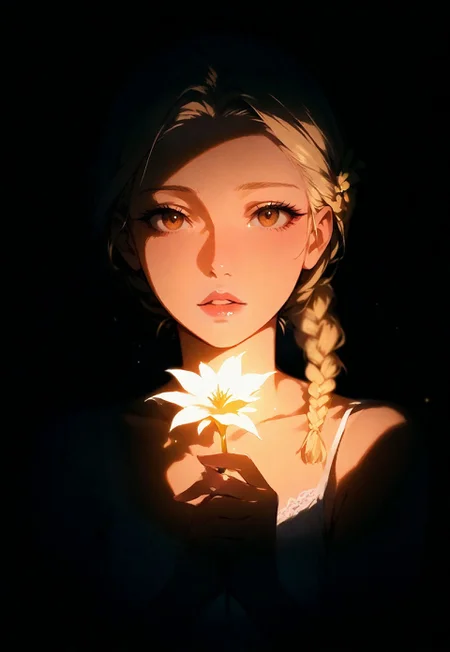 1girl, (blonde braid:1.2), (brown eyes:0.7), (detailed eyes), lips, thin lips, parted lips, solo, (ooking at viewer:0.8), holding a flower, dynamic lighting, camisole, upper body, dark, (underlightling:1.3), masterpiece, best quality, very aesthetic close up,