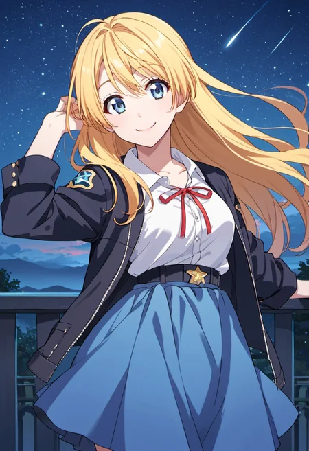 score_9, score_8_up, score_7_up, source_anime,chitoge kirisaki, blonde hair, long hair, blue eyes, 1girl, solo, night, sky, skirt, star (sky), outdoors, starry sky, night sky, smile