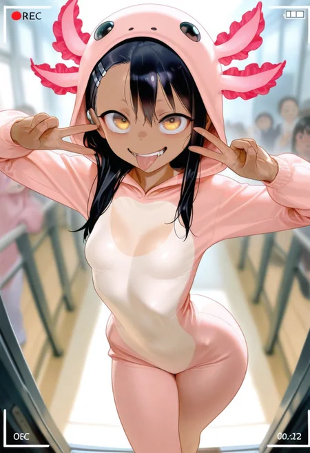 masterpiece, best quality, very aesthetic, absurdres, Detailed face, 8k, Ultra_HD, (detailed background:1.1), 1=2, face closeup, from above, zoom on face, rec, recording frame, photograph,
solo, 1girl, Hayase Nagatoro, petite, beautiful, perfect eyes, (golden eyes:1.1), dark skin, black hair, long hair, tanned skin, tanline, hourglass figure, animal costume, axolotl onesie, skindentation, skinny body, small breasts, short girl, intense gaze, really happy, jocking expression, wide eyes, in front of viewer, face close to the lens, pov, posing, original pose, complex pose, jumping, in the air, make a face, teeth, tongue out, one finger under eyelid, very flexible, v sign, wide hips, narrow waist, looking at viewer, puffy lips, detailed background, blurry background, comiket, crowded place,