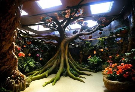 Photograph, masterpiece,best quality, of An astonishing award winning, art installation, the interior of an incredible starship, poly acrylic resin molded tree sculptures, fake plastic flowers, 1970s Brazilian Tropicalia retrofuturism, in the style of Pipilotti Rist, complex shadows, retro, science fiction style