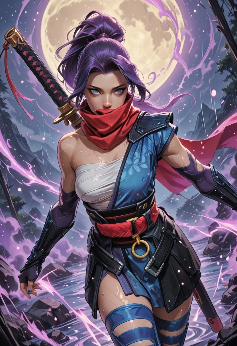 score_9,score_8_up,score_7_up,masterpiece, best quality, very aesthetic, high resolution, ultra-detailed, absurdres, newest, mature female, dutch angle, best quality, masterpiece, highly detailed, eye catching, drab, close up, 
psylocke_mvr, blue eyes, purple hair, high ponytail, parted bangs, long hair, red scarf, scarf over mouth, japanese clothes, chest sarashi, kimono, sash, red belt, obi, single shoulder pad, fingerless gloves, arm guards, nail polish, blue nails, blue thighhighs, sheath, weapon on back, medium breasts, extremely detailed eyes,
fighting pose, flowing long hair wet from rain, soaked outfit clinging to body, rain droplets trailing behind her, intense expression, magical purple aura radiating from body and eyes, glowing katana on back or hand extended, 
mid-action, unleashes a massive violet blast upward, blue dramatic sci-fi open field with glowing energy and floating petals, swirling purple mist crawling along the ground, cinematic lighting, a trail of glowing violet mist surrounding her,
ultra detailed, dynamic pose, 8k, symmetrical composition, strong and elegant, full moon in the background sky
BREAK,